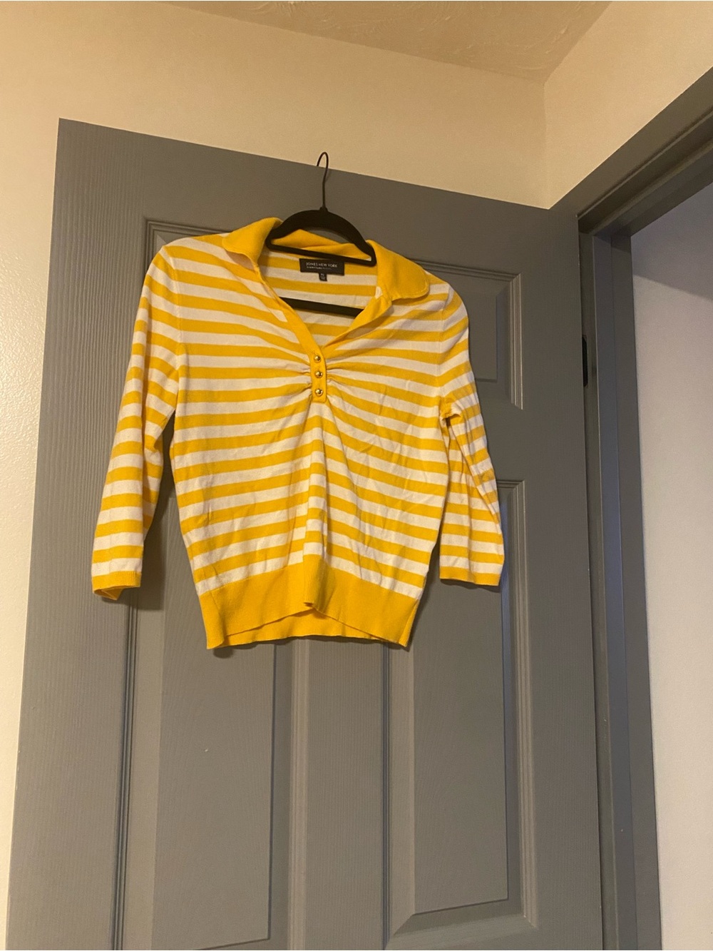Jones New York Yellow & White Striped Collared Knit Top - Signature Petite